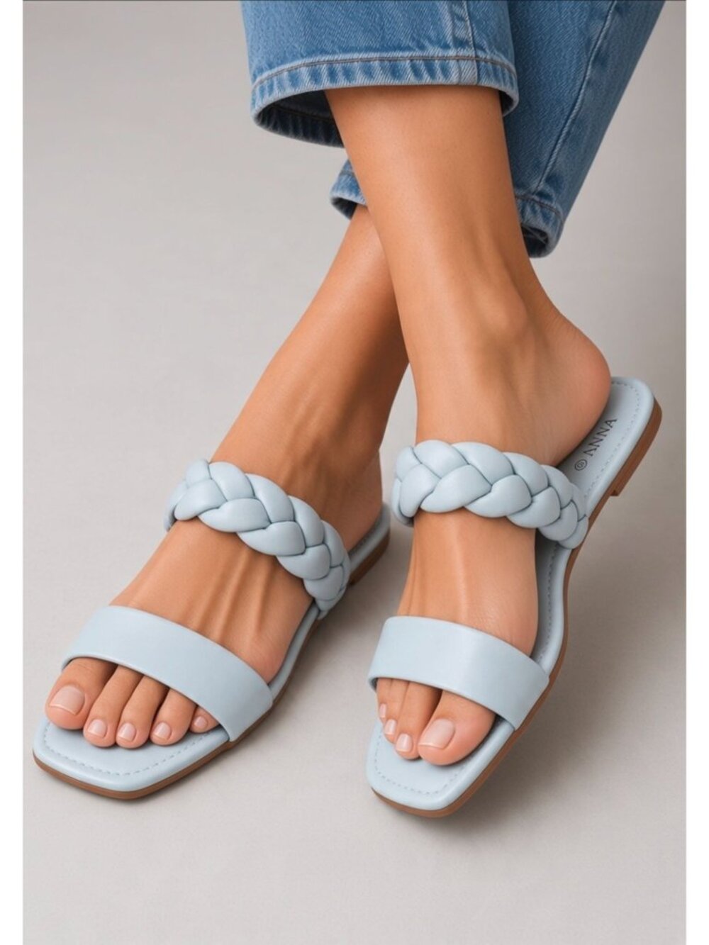 Light Blue Braided Double Strap Square Toe Flat Slide Sandals